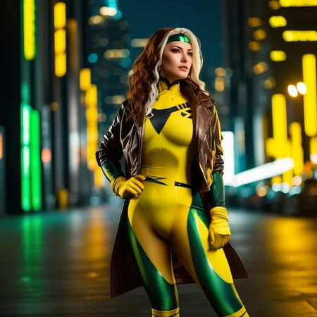 Rogue1024, a woman full body, wears a yellow and green superhero suit and a jacket, cyberpunk city background, highly detailed, photography, ultra sharp, film, professional, 64k <lora:add-detail-xl:1.5> <lora:Rogue1024:0.8>