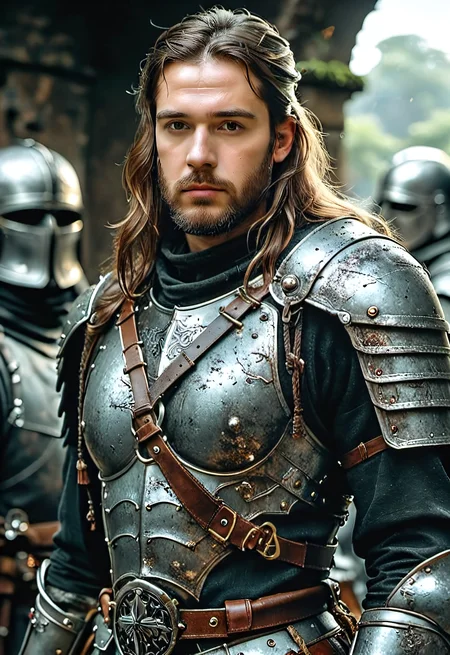 fluxenh4nce, 1boy, man, age 25, Dark Knight, detailed armor, detailed straps, buckles, black metal, bearded, long hair, scruffy, battleworn, intense,quad hd, raytracing, ambient occlusion, shaft of light, blurred background,, score_9, score_8_up, score_7_up, score_6_up