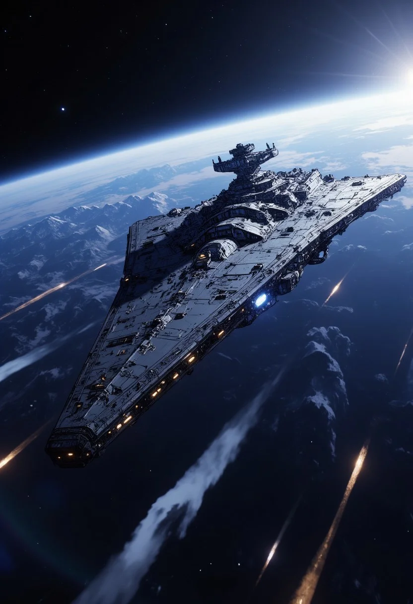 in the style of cksc, anime, imperial battlecruiser spaceship, flying at warp speed, extreme motion blur as it hurtles through space