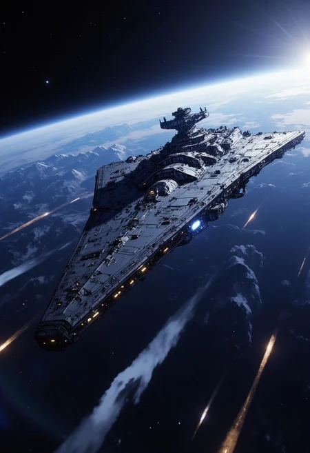 in the style of cksc, anime, imperial battlecruiser spaceship, flying at warp speed, extreme motion blur as it hurtles through space