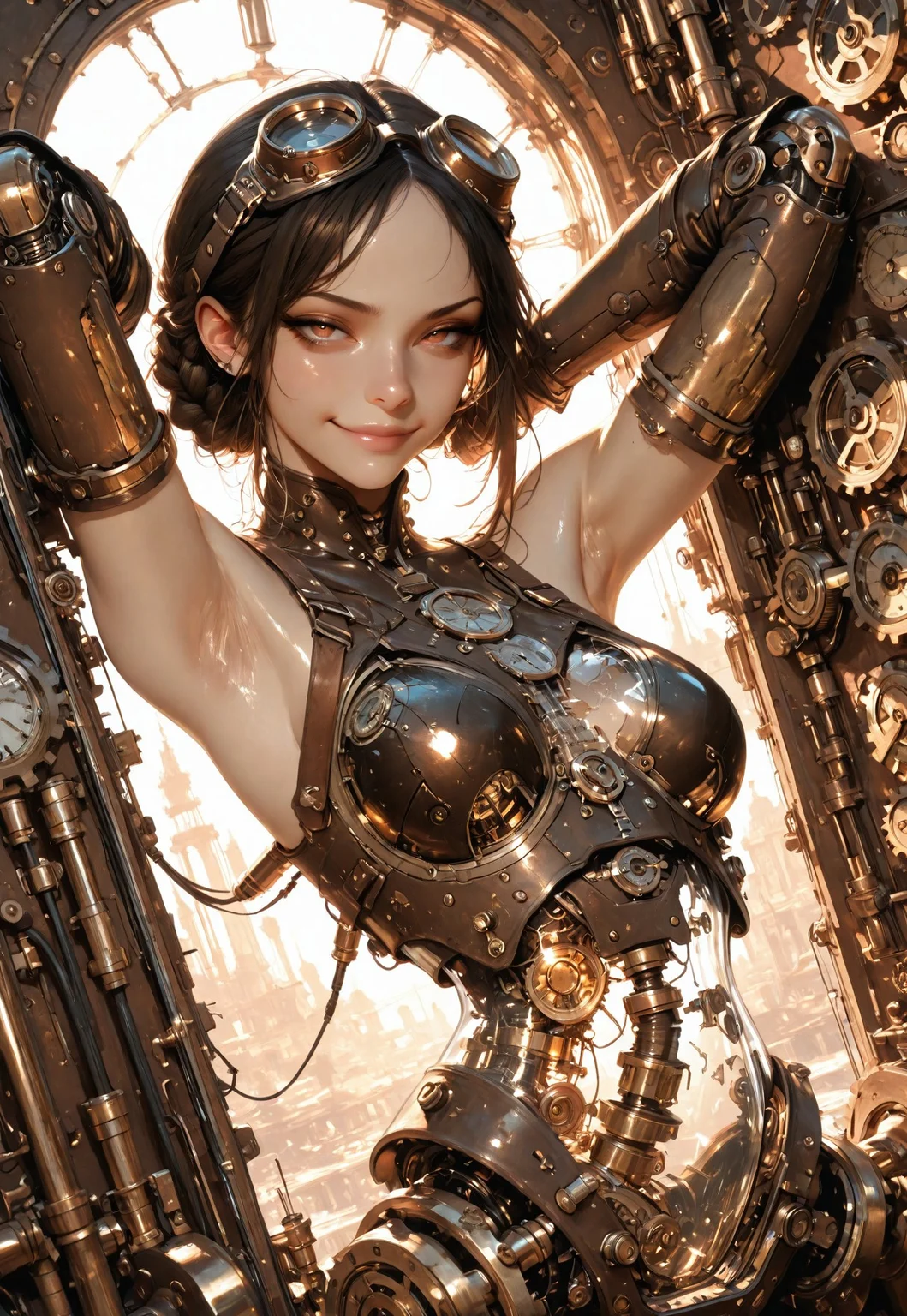 masterpiece, best quality, highres, good quality, very aesthetic, absurdres, newest, 8K, depth of field, focused subect,
1girl, solo, steampunk, sepia, intricate linework, greebling, embroidered, carved, hairstyle, braid, action shot, smirk, armpit, shiny skin, brown leather, goggles on head, brass, gauges, dials, airship, cybernetic implants, clockwork stomach, clockwork innards, visible internal gears and pistons, bronze clockwork organs, transparent plastic stomach, bronze springs, bronze pistons, bronze bones, damaged, animatronic, synthetic, airship, steampunk city, mechanical parts, cable, wires, machinery, joints, flirting, seductive, provocative, erotic, nsfw,
dramatic angle, dutch angle, action, adventure, depth of field, high contrast,