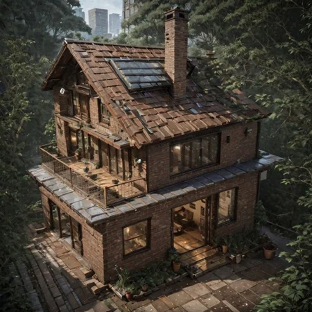 (a small house with chimney, big window, metal roof, wooden floor:1.3), (shot from outside, extra long shot, wide-angle lens, POV, DOF:1.2), (direct sunlight, dramatic lighting, ray tracing, clear shadow, light pollution:1.1), (harmonious color:1.1), brickhouse, great lighting, shadowrun_character, shadowrun_dungeon, shadowrun_surface, shadowrun_dungeon_party, shadowrun_party, cyberpunk, netrunner, enforcer, shaman, oni, courier, neo-aztec, high-tech lowlife, masculine, feminine, OverallDetail, treehouse, void