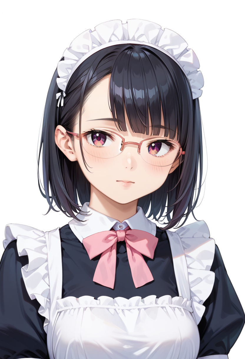 score_9, score_8_up, score_7_up, rating_safe, masterpiece, best quality, absurdres, unity 8k wallpaper, official art, official style, source_anime, uncensored, game cg, megami magazine,
1girl, solo, black hair, medium hair, upper body, covered eyes,maid, maid headdress, black dress, maid apron, face focus, 
halfrim15S, still life, white background, simple background, pink-framed eyewear, 
 <lora:glasses_halfrim15s_PONY_V1:1>