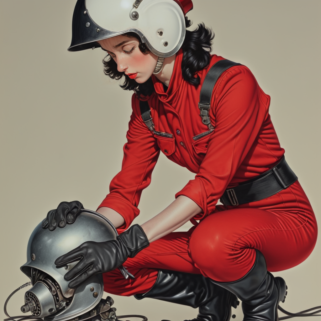 ArsMJStyle, Colored pencil hyperdetailed realism <lora:HyperdetailedColoredPencilV2SDXL:1> ArsMJStyle, Colored pencil hyperdetailed realism, The image is a digital illustration of a young woman in a red jumpsuit with a white helmet. She is kneeling on the ground and is holding a pair of scissors in her right hand and a wire in her left hand. The woman has her hair styled in a high bun and is looking down at the helmet with a serious expression on her face. The helmet appears to be made of metal and has a large engine attached to it. The background is a plain beige color. The overall style of the illustration is vintage and retro., gloves, solo, red gloves, black hair, helmet, one knee, boots, black footwear, holding, jumpsuit