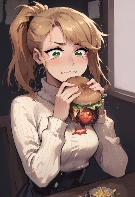 s score_9, score_8_up, score_7_up,1girl, cute girl, sandy blonde hair, swept bangs, green eyes, ponytail hair, medium breasts, fit, thin waist, skinny, white wool sweater, restaurant, mcdonald's, dutch angle, aquacrying, wavy mouth, closed mouth, tearing up, eating cheeseburger, burger malfunction, tomato,messy,bacon,ketchup,fries