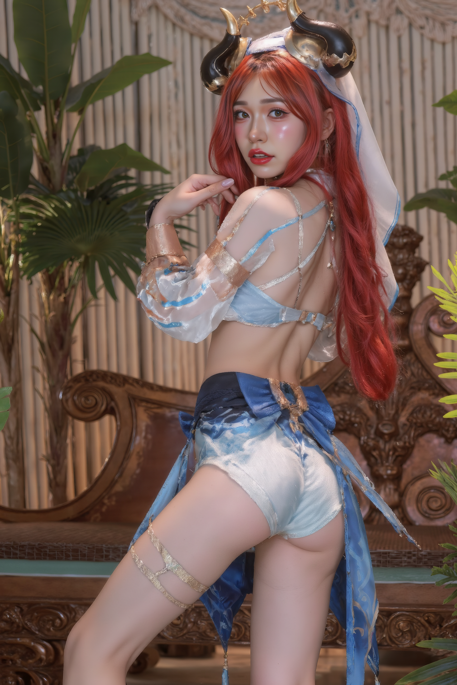 A professional, high-resolution image of a young woman in an elegant twisting pose, with her back partially to the camera and head turned over her shoulder. This sophisticated position creates a beautiful S-curve through the spine while defining the waistline and showcasing the profile of the face in a flattering manner.

She is wearing a blue and white SGWN59Clothing with horns. Her makeup is dramatic, with dark eyeliner and bold, glossy pink lips. 

The lighting features a high-contrast, monochromatic white color scheme that creates a moody, intimate atmosphere. 

The photography technique uses what appears to be soft lighting to create a glamorous effect, with careful attention to highlighting contours while maintaining the dominant light brown color scheme throughout the frame.

The overall aesthetic combines elements of fashion photography, traditional Asian visual motifs, and contemporary boudoir styling. The dramatic light brown lighting creates a cohesive visual theme that ties all elements of the composition together.

The white light emit on her to show her feature.