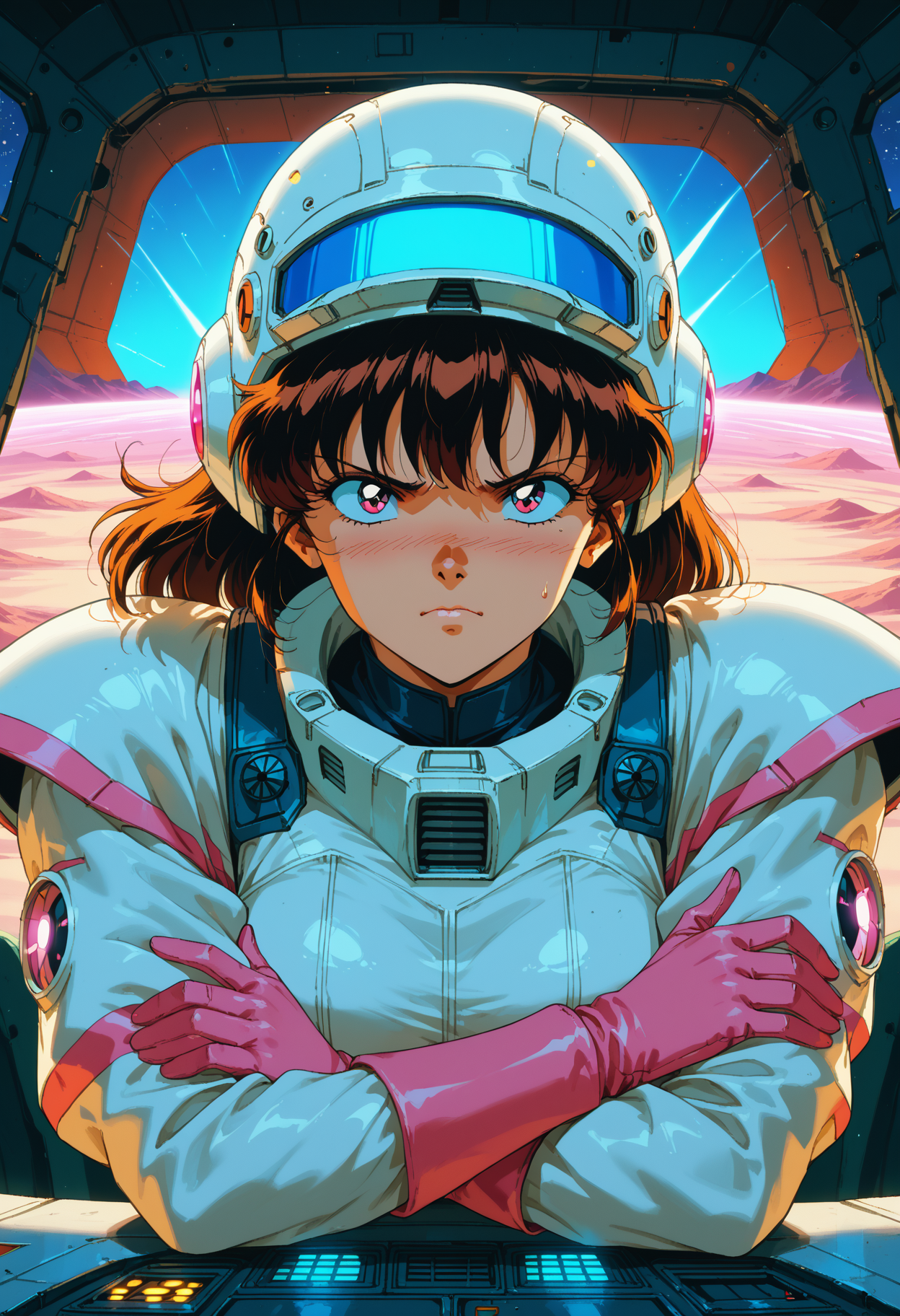 score_9,score_8_up,score_7_up, source_anime, modernretroanime, retro artstyle, 1girl, solo, space pilot, charge mode pose, cockpit, neon-lit controls, helmet under arm, fierce expression, futuristic uniform, deep space background, distant planets, glowing buttons, sci-fi aesthetics, retro anime shading, vibrant colors, starlit sky, spaceship interior, battle-ready stance