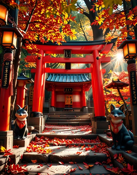 A breathtaking Inari shrine hidden within a serene Japanese forest during autumn. The scene is illuminated by the soft glow of traditional stone lanterns, casting warm golden light on the vibrant red torii gates that form a mesmerizing tunnel leading up the shrineâs stone steps. The ground is covered with delicate fallen maple leaves in shades of crimson, orange, and yellow. Kitsune (fox) statues with intricate details guard the entrance, wearing red bibs symbolizing their sacred role. The shrineâs wooden structure is adorned with ancient calligraphy and shimenawa ropes, exuding a mystical and spiritual atmosphere. Sunlight filters through the dense foliage, creating a tranquil interplay of light and shadow. The air feels crisp and filled with a sense of reverence and peace. The image is captured in a hyper-detailed, photorealistic style, with high dynamic range lighting enhancing the depth and richness of the colors.
<lora:SDXLFaeTastic2400:0.4> <lora:extremely_detailed:0.4> extremely detailed, <lora:Inari_shr1n3:1>,Inari shr1n3, Masterpiece,best quality,hi res,8k,hi res,8k,award winning,(sharp focus, intricate, highly detailed),