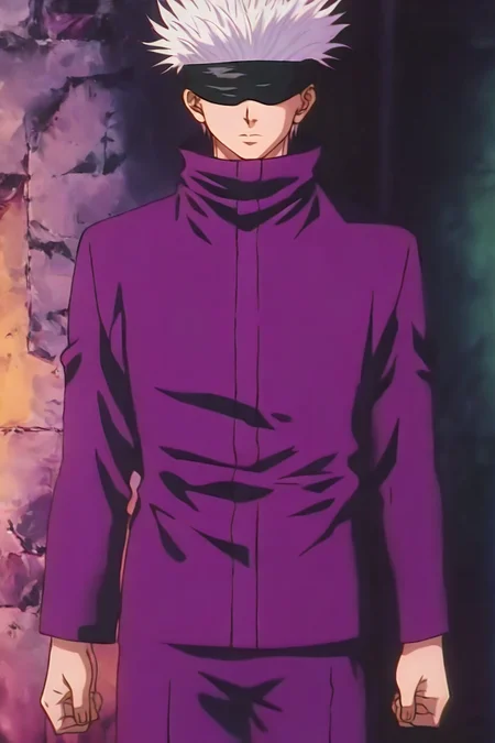 <lora:GojoSatoruPony:0.8> SatoruGojo, (gojou satoru:0.6), white hair, purple pants, high collar, blindfold, covered eyes, black blindfold, purple jacket, purple pants, 1boy, solo, alone, <lora:hunter_x_hunter_1999_style_illustriousXL:1>, hxh_1999_style, masterpiece, highres