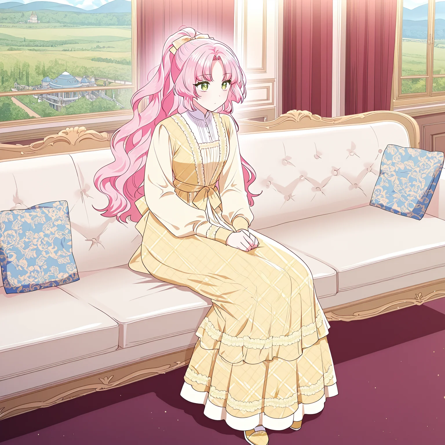 masterpiece, best quality, amazing quality, very aesthetic, absurdres, newest, scenery, 1girl, solo, <lora:Kiana_Frellai:1>, frellai, pink hair, emerald eyes, long hair, bangs, ponytail, yellow dress, full body, sitting on coach, indoors, pillows