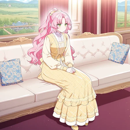 masterpiece, best quality, amazing quality, very aesthetic, absurdres, newest, scenery, 1girl, solo, <lora:Kiana_Frellai:1>, frellai, pink hair, emerald eyes, long hair, bangs, ponytail, yellow dress, full body, sitting on coach, indoors, pillows
