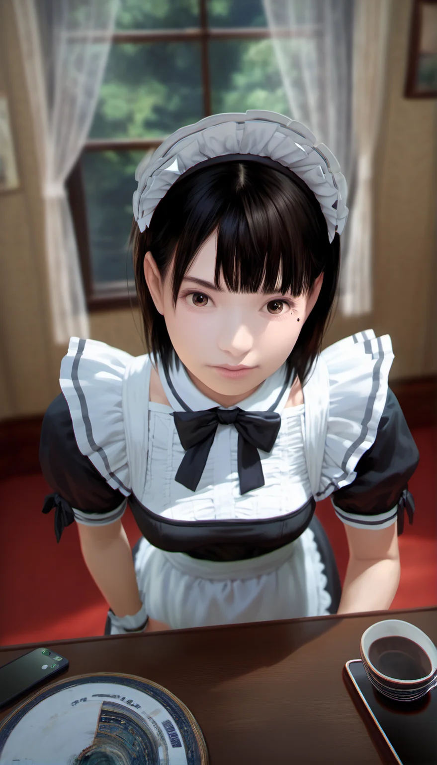 score_9,score_8_up,score_7_up,<lora:ChisatoShinjo:1>,
chisatoshinjo,
realistic,
1girl, solo, black hair, short hair, bangs, brown eyes, beauty mark, looking at viewer, maid headdress, black maid clothes, bowtie, black ribbon, portrait, face focus, from above, blurry background, vignetting, indoors, living room, vintage room, at a round wooden table, smartphone on table, window, curtains, warm cozy atmosphere