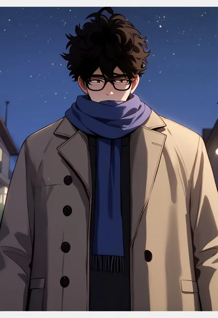 score_9, score_8_up, score_7_up, source_anime, rating_explicit, realistic shading, natural lighting, male focus, looking away, black-framed eyewear, messy hair, Go_Yohan, 1boy, long coat, standing, night sky, starfall, night, dynamic angle, intricately detailed illustration, depth of field, masterpiece, best quality, amazing quality, very aesthetic, absurdres, newest, anime screencap, sighing, wind, scarf, black hair, blowing scarf, blowed long coat, dreamy, from below, hidden face, view behind