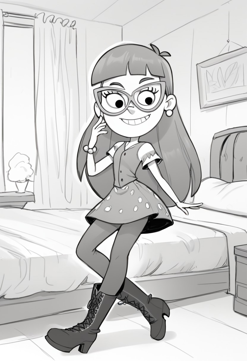 score_9, score_8_up, score_7_up, BREAK flufsk, monochrome, grayscale, VicSol, 1girl, long hair, blunt bangs, black eyes, glasses, pearl earrings, right arm bracelet, short-sleeved buttoned dress, tights, long boots, full body, solo, solo focus, alone, smiling, cartoon, source_cartoon, bedroom indoors, bedroom background,