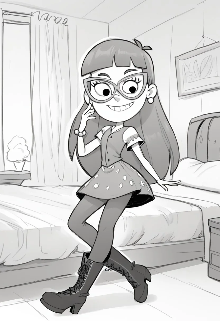 score_9, score_8_up, score_7_up, BREAK flufsk, monochrome, grayscale, VicSol, 1girl, long hair, blunt bangs, black eyes, glasses, pearl earrings, right arm bracelet, short-sleeved buttoned dress, tights, long boots, full body, solo, solo focus, alone, smiling, cartoon, source_cartoon, bedroom indoors, bedroom background,