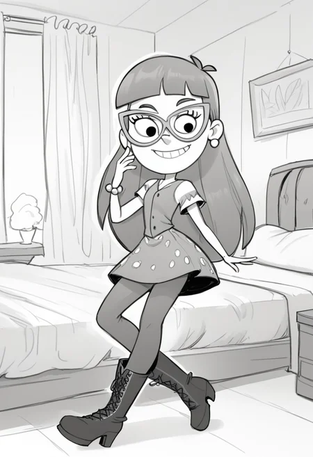 score_9, score_8_up, score_7_up, BREAK flufsk, monochrome, grayscale, VicSol, 1girl, long hair, blunt bangs, black eyes, glasses, pearl earrings, right arm bracelet, short-sleeved buttoned dress, tights, long boots, full body, solo, solo focus, alone, smiling, cartoon, source_cartoon, bedroom indoors, bedroom background,