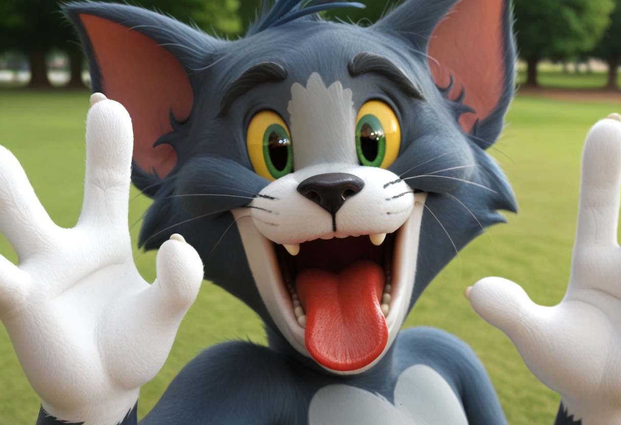 Thomas_cat, close up, male, feline nose, park, looking at viewer, score_9, four fingers, waving, open mouth, red tongue, teeth, portrait view, cartoon, green eyes, yellow sclera, two-toned skin,