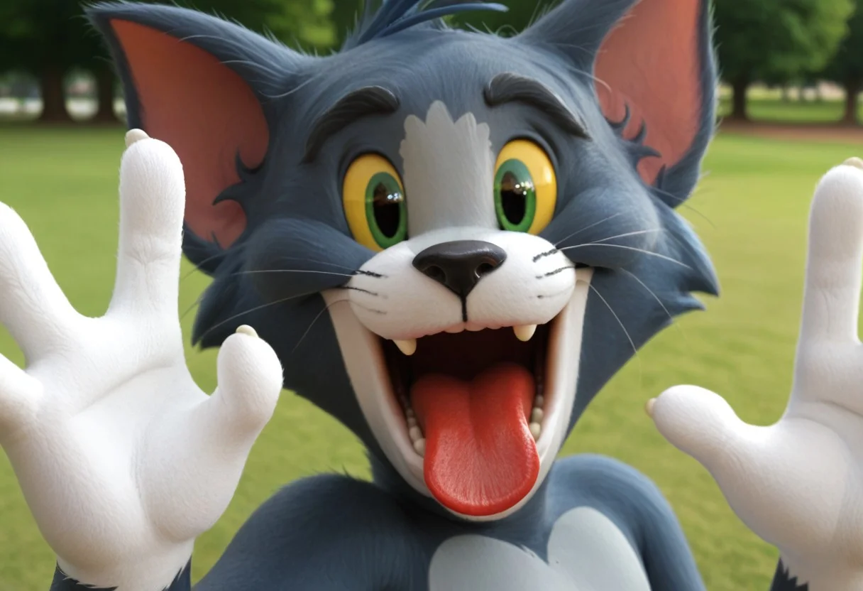 Thomas_cat, close up, male, feline nose, park, looking at viewer, score_9, four fingers, waving, open mouth, red tongue, teeth, portrait view, cartoon, green eyes, yellow sclera, two-toned skin,