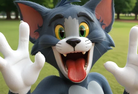 Thomas_cat, close up, male, feline nose, park, looking at viewer, score_9, four fingers, waving, open mouth, red tongue, teeth, portrait view, cartoon, green eyes, yellow sclera, two-toned skin,