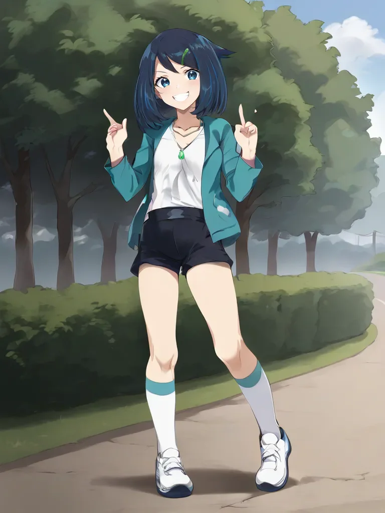 <lora:horilikozonstsukishiro:1>
1girl, solo, likorizons, medium hair, dark blue hair, green hairclip, blue eyes, teal jacket, white shirt, black shorts, necklace, white socks, white shoes, standing, outdoors, campus, smile, index fingers, full body, teeth