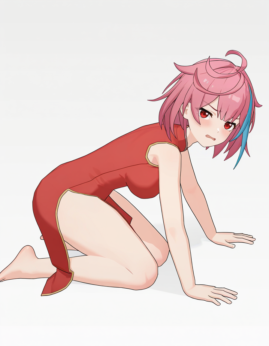 3dxialuo,white background,simple background,(china dress:1.2),red dress,disgust,thighs,looking at viewer,full body,
<lora:xialuo_noob:0.6>,xialuo,1girl,solo,red eyes,pink hair,multicolored hair,blue hair,ahoge,short hair,streaked hair,bangs,breasts,
masterpiece,best quality,very aesthetic,absurdres,