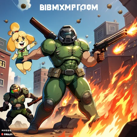 score_9,score_8_up,score_7_up,score_6_up,score_5_up,score_4_up BREAK holding shotguns,1girl,isabelle \(animal crossing\),happy,thick thighs,furry,doom \(series\),fire,explosions,demons,shotgun,cover page,city,<lora:doomguy-v1_pdxl:0.8>,male,doomguy,1boy,armor,helmet,