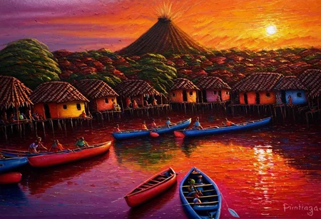fishing village on a river, sunset, many canoes in the water, Nicaragua Primitivism