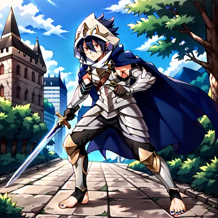 masterpiece, best quality, sharp aliasing, highly detailed, Quality, High Definition, <lora:EPfeCorrinPony:1>EPfeCorrin, blue cape, armour, black gloves, black pants, wearing pants, outdoors, day, stone ground, tree, bush, buildings, barefoot, toeless legwear, armoured legwear, stirrup legwear, 5 toes <lora:Amajiki_Tamaki__Pony:1>Tamaki Amajiki, pointy ears, red eyes, dark blue hair, hair between eyes, hood, mask, male, male body, sword, sword stance <lora:feet_anime_pony_v2:1>feet, dark blue toenails