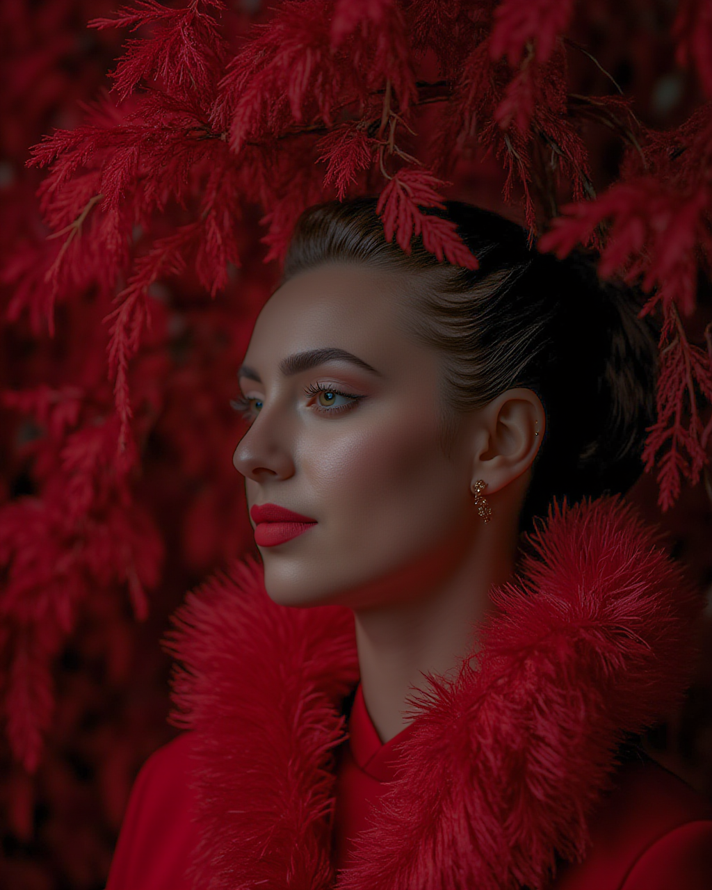 close up portrait, analog photo,photoart_style,realistic,film grain,4k,dark red colored, character design,vogue, prada, versace, glamourous, fashion world, fashion, magazine shoot, fluffy style, dreamy glow, extraterrestrial, kitsch outfit,((intricate abstract background from vines)),(classic portrait, Rembrandt lighting),dark background,volumetric natural light, epic atmosphere,perfect composition, highly detail, enchanted,deep rich vivid colors, perfect symmetry,  great composition, complimentary colors, beautiful elegant stylish, intricate detail<lora:Flux\mine\subsurface_scattering_skin.safetensors:1.0:1.0> <lora:Flux\mine\noshine_v2.safetensors:0.4:0.4> <lora:Flux\FluxMythP0rtr4itStyle.safetensors:0.5:0.5>