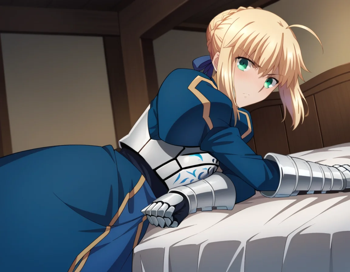 score_9, score_8_up, score_7_up, source_anime,
artoriapendragon, <lora:artoria-pendragon-hf-ponyxl-lora-nochekaiser:1>,
artoria pendragon, artoria pendragon \(fate\), saber, blonde hair, green eyes, ahoge, sidelocks,
hair bun, single hair bun, braid, dress, ribbon, hair ribbon, armor, gauntlets, armored dress,
indoors, bed, bed room, on side, blush, drunk,
looking at viewer, dutch angle,