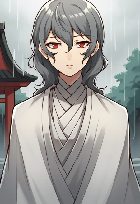 score_9, score_8_up, score_7_up, source_anime BREAK 1girl, solo,
<lora:zs_IzanamiXL:1> izanamidef, grey hair, long hair, red eyes,  white robe,
cowboy shot, shrine, heavy rain, grey sky, looking at viewer, expressionless