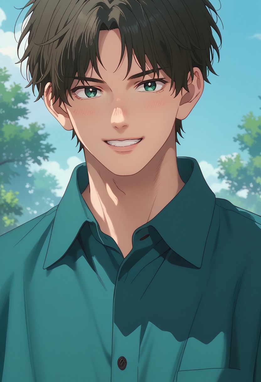 score_9, score_8_up, score_7_up, source_anime, rating_safe, Ousfection, 1boy, male focus, anime screencap, teal collared shirt, soft smile,