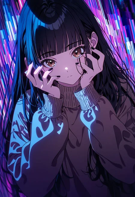 did vaporwave style, 1girl, solo, black hair, looking at viewer, glitch, upper body, long sleeves, long hair, hands up, blunt bangs, shirt, brown eyes, sweater, black nails, cinematic lighting, cinematic angle, official art, best quality, masterpiece