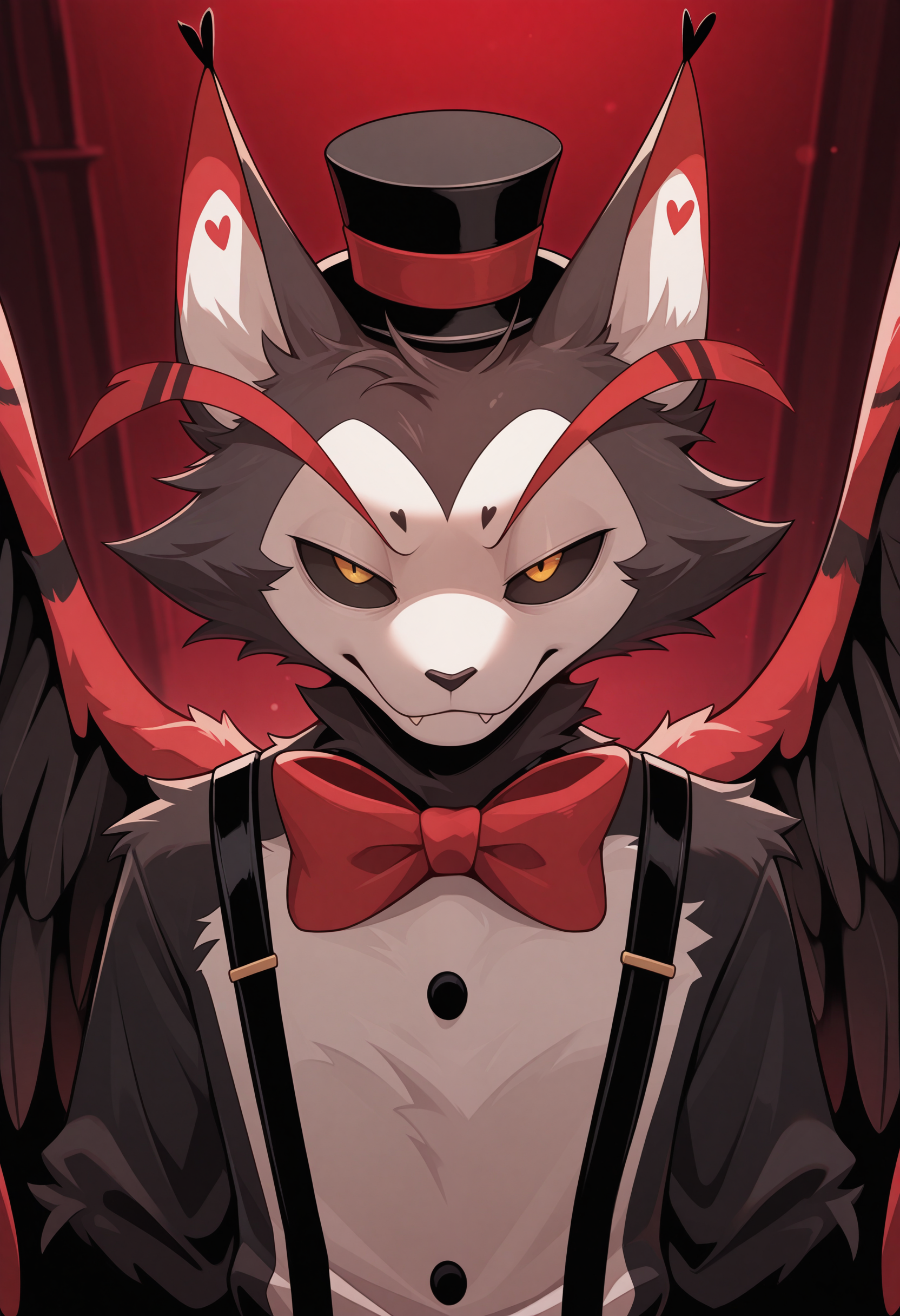 masterpiece, best quality, amazing quality, solo, 1boy, HuskHH, close up, bowtie, wings, hat, suspenders