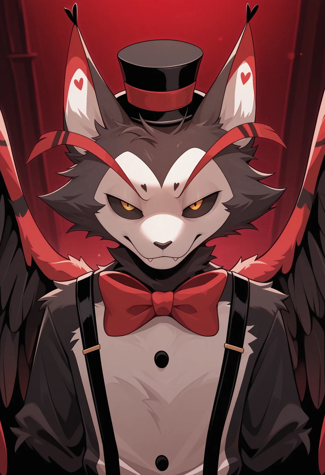 masterpiece, best quality, amazing quality, solo, 1boy, HuskHH, close up, bowtie, wings, hat, suspenders