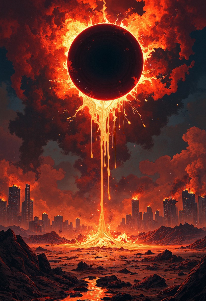 striking apocalyptic scene featuring a dark, eclipsed sun, its molten rays melting and dripping onto a devastated Earth. The foreground showcases thick, viscous drops of magma splattering onto the cracked, barren ground, while a burning city looms in the background, skyscrapers engulfed in flames and smoke. Glowing magma. 
Use a dramatic composition that emphasizes the contrast between the fiery elements and the darkened sky. Opt for a color palette dominated by deep reds, oranges, and charred blacks, with glowing highlights on the magma. Employ a hyper-realistic style to capture the details of the destruction and the texture of the molten lava. The atmosphere should feel tense and foreboding, with swirling smoke and flickering flames creating a sense of chaos. Aim for a high-resolution image (at least 300 DPI) to ensure every detail is vividly rendered.