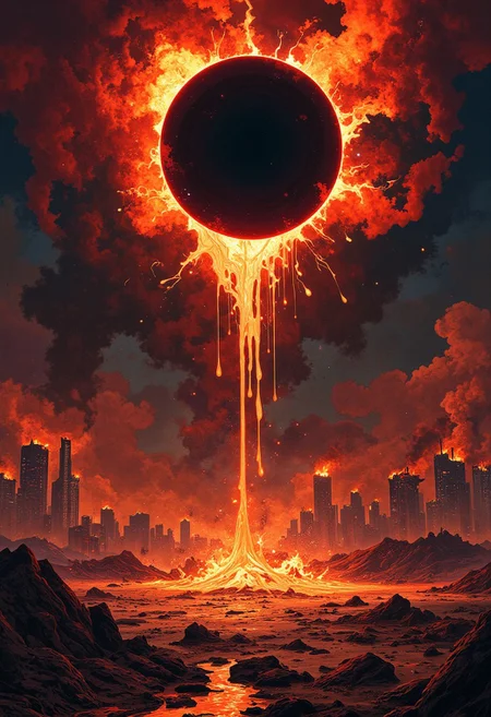 striking apocalyptic scene featuring a dark, eclipsed sun, its molten rays melting and dripping onto a devastated Earth. The foreground showcases thick, viscous drops of magma splattering onto the cracked, barren ground, while a burning city looms in the background, skyscrapers engulfed in flames and smoke. Glowing magma. 
Use a dramatic composition that emphasizes the contrast between the fiery elements and the darkened sky. Opt for a color palette dominated by deep reds, oranges, and charred blacks, with glowing highlights on the magma. Employ a hyper-realistic style to capture the details of the destruction and the texture of the molten lava. The atmosphere should feel tense and foreboding, with swirling smoke and flickering flames creating a sense of chaos. Aim for a high-resolution image (at least 300 DPI) to ensure every detail is vividly rendered.
