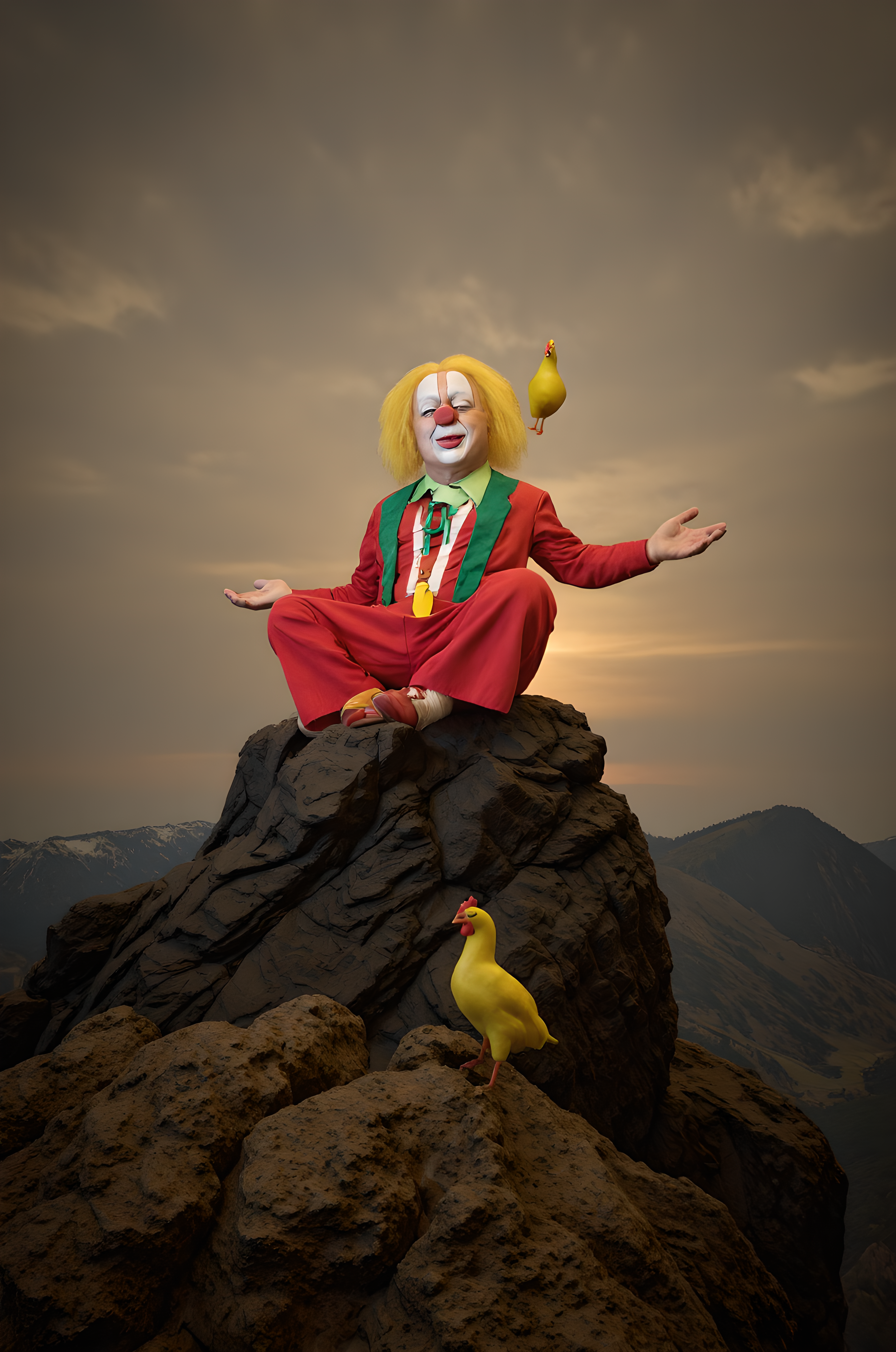 professional 3d model <lora:Bassie:1.4> Bassie the clown sitting cross-legged like a serene monk on top of a mountain, with clown shoes and a red nose, meditating as rubber chickens orbit him like planets. . octane render, highly detailed, volumetric, dramatic lightingâââ