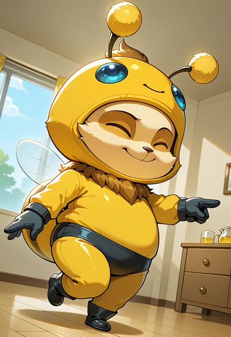 vibrant, beutiful quality, , detailed background, dynamic pose, dynamic angle, party, indoors, solo
, <lora:teemo-v3-000014:1> wrteemob, (teemo:0.5), closed eyes, bee_kigurumi, bee_costume, blue eyes, 1boy, standing on one leg, pointing to the side, looking away
, (chibi:0.5), plump, black winter gloves, black winter boots, (winter clothes),