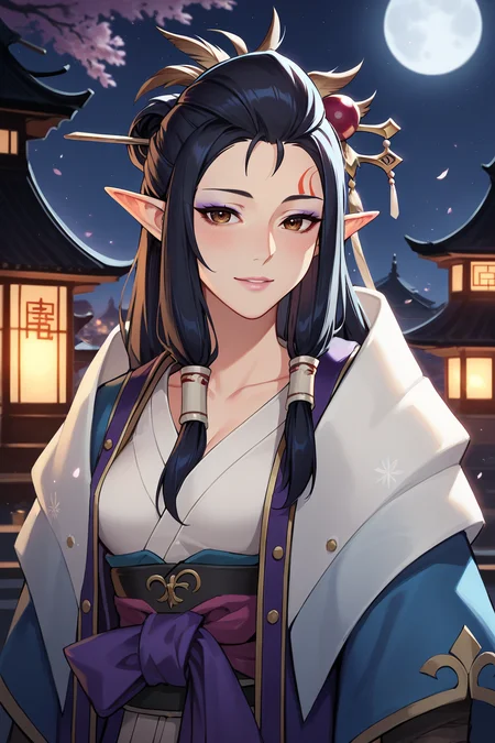 score_9, score_8_up, score_7_up, source_anime, 1girl, prefect lighting, very aesthetic, intricate details, highly detailed background, masterpiece, high quality, prefect hands, best quality, solo,
<lora:Third_Fleet_Master_MHW_V1:.85>, KJOtfm, elf, pointy ears, black hair, brown eyes, hair tubes, half updo, hairpin, feather hair ornament, long hair, forehead mark, purple eyeshadow, pink lips, big nose,
kimono, purple sash, white scarf,
light smile, parted lips, head tilt, blush,
east asian architecture, night, moon, dark,
(Beautiful, medium Breasts:1.2), natural breasts,