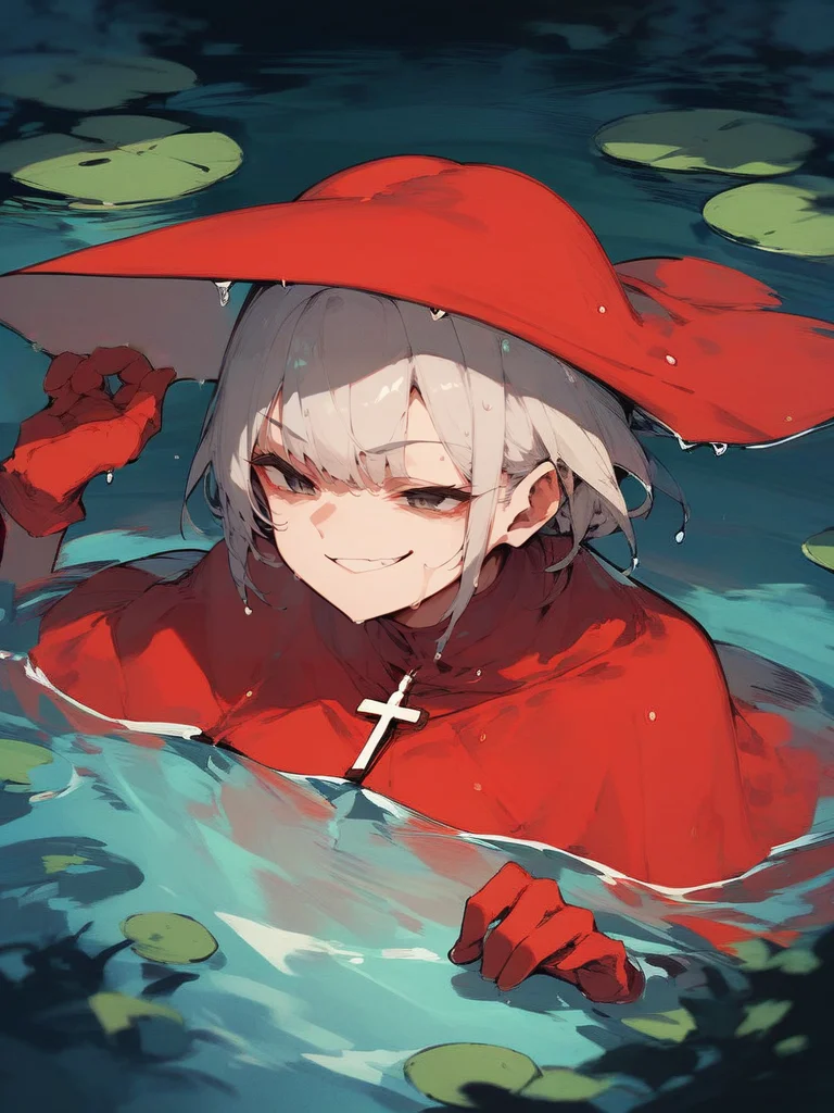 score_9,score_8_up,score_7_up,source_anime,1girl,<lora:spanish_inquisition_pony:1>,spanish inquisition,upper body,silver hair,bangs,evil smile,forest,pond,in water,wet clothes,