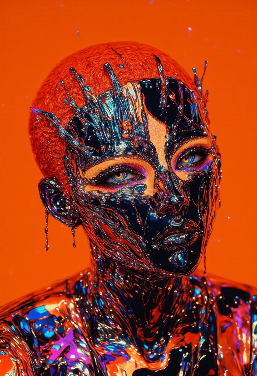 ((aidmaimageupgrader, aidmaMJ6.1, ne0nfant4sy)), A hyper-realistic, face close-up portrait of a woman with striking, very short orange hair, side-trimmed and expertly side-faded, facing the viewer with an expression that conveys both strength and mystery. Her eyes are partially closed, exuding a futuristic, serene presence. The left side of her face is adorned with an intricately detailed chrome mold, seamlessly integrated into her skin, partially covering her left eye. The chrome mold, designed with over 10,000 razor-thin chrome lines, extends outward in straight, rigid formations, resembling molten cheese strands but with a sleek, metallic finish. The chrome has a high-polished, reflective surface that catches and refracts an ethereal, neon-blue and magenta glow, adding a surreal touch. Sparkles embedded within the mold enhance its futuristic, otherworldly essence. Some sections of the chrome are semi-solid, with metallic drips that flow down her face in fluid dynamic patterns, suggesting a seamless merge between technology and organic form. Subtle holographic projections trace the edges of the chrome, emitting faint, pulsating neon symbols and geometric shapes that flicker and shift, adding layers of surrealism. The top of her head is in frame, showcasing the intricate chrome details, while the body remains out of frame, keeping focus on the striking, surreal facial composition that blends technology with artistic surrealism. Background is plain orange colored.