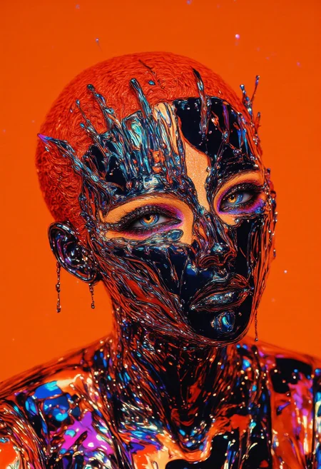 ((aidmaimageupgrader, aidmaMJ6.1, ne0nfant4sy)), A hyper-realistic, face close-up portrait of a woman with striking, very short orange hair, side-trimmed and expertly side-faded, facing the viewer with an expression that conveys both strength and mystery. Her eyes are partially closed, exuding a futuristic, serene presence. The left side of her face is adorned with an intricately detailed chrome mold, seamlessly integrated into her skin, partially covering her left eye. The chrome mold, designed with over 10,000 razor-thin chrome lines, extends outward in straight, rigid formations, resembling molten cheese strands but with a sleek, metallic finish. The chrome has a high-polished, reflective surface that catches and refracts an ethereal, neon-blue and magenta glow, adding a surreal touch. Sparkles embedded within the mold enhance its futuristic, otherworldly essence. Some sections of the chrome are semi-solid, with metallic drips that flow down her face in fluid dynamic patterns, suggesting a seamless merge between technology and organic form. Subtle holographic projections trace the edges of the chrome, emitting faint, pulsating neon symbols and geometric shapes that flicker and shift, adding layers of surrealism. The top of her head is in frame, showcasing the intricate chrome details, while the body remains out of frame, keeping focus on the striking, surreal facial composition that blends technology with artistic surrealism. Background is plain orange colored.