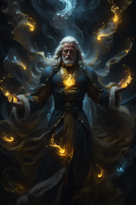 an (extremely detailed masterpiece) of one male (1boy) Santa Claus with his flowing medium length white hair and muscles and (medium length beard) with flowing (bright yellow) Santa robes with (white fur trim), (highly detailed blue eyes:1.2), (toned physique:1.1), (Style-GravityMagic:1.1), (twisting swirls of yellow magic), (moody color tones), (elaborate textures:1.2), (volumetric lighting), medium depth of field, oil painting, (8k UHD, highest quality), <lora:add-detail-xl:0.8>, <lora:xl_more_art-full_v1:0.8>, <lora:DreamARTSDXL:0.9>, <lora:ExplosionMagic:0.8> explosionmagic, excessive energy, smoke, glowing aura