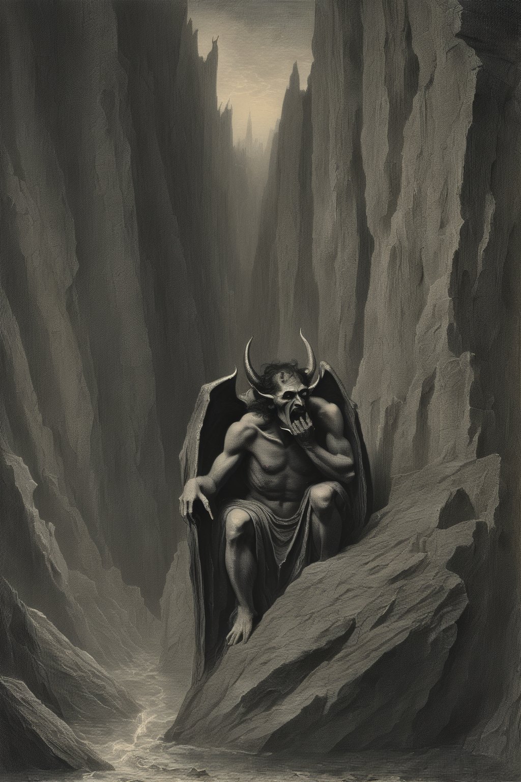 <lora:Gustave Dore Style:1>Gustave Dore Style - Satan crying in a narrow stone canyon in the style of Romanticism like the artist Gustave Dore