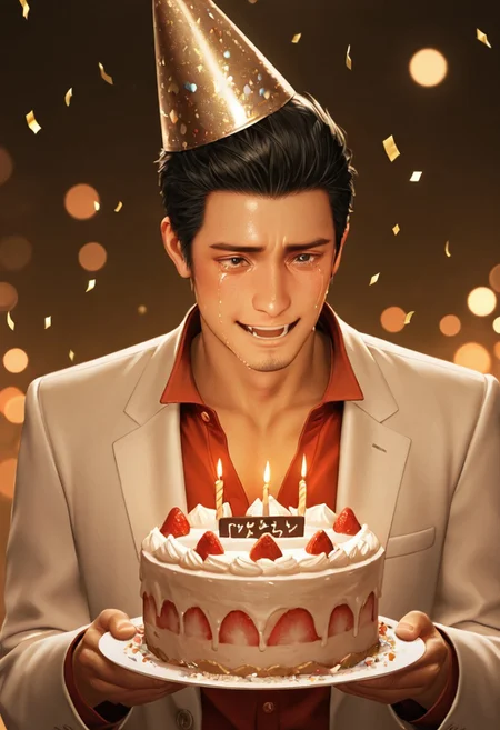 masterpiece, best quality, amazing quality, absurdres, newest, detailed background, definition so sharp, Ultra-HD, 8K cinematic, very awa, impressionate, amazing quality, highres, realistic,
solo, male focus, manly, warm color, bokeh, vibrant,
kiryuchan, kiryuchan_black hair, kiryuchan_black eyes, 1boy, solo, male focus, short hair, facial hair, sideburns, red collared shirt, white blazer, partially unbuttoned, holding, birthday cake, happy expression, crying, tears, confetti, birthday hat,