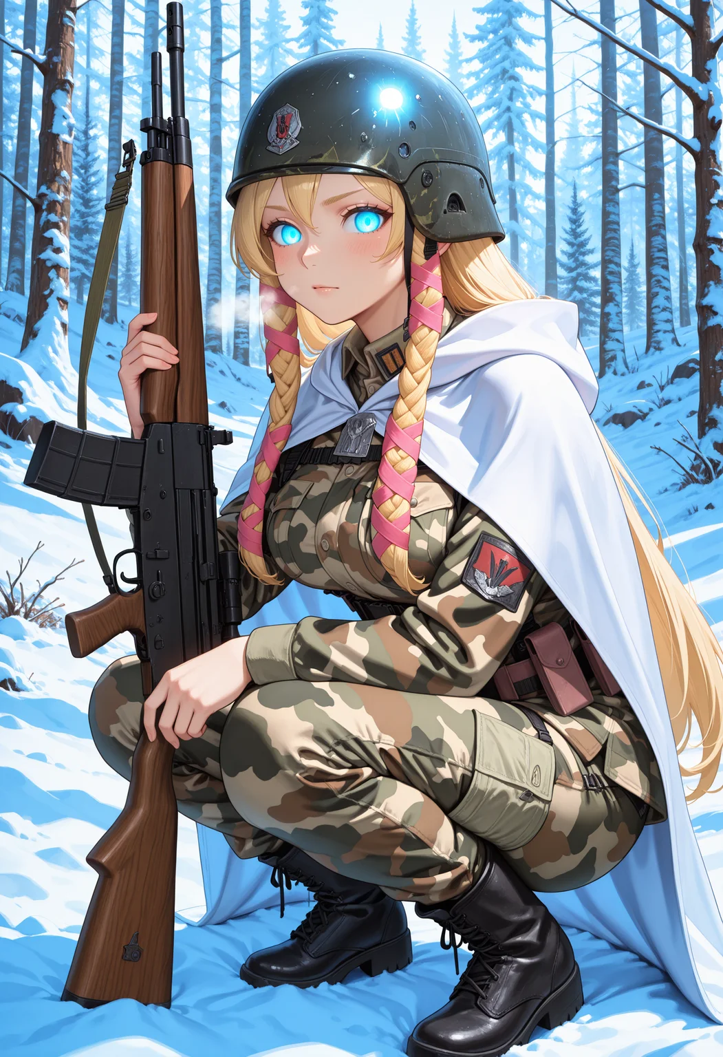 masterpiece, best quality, absurdres, highres, newest,<lora:cfg_scale_boost:.7> ,
1girl, solo, looking at viewer, crouching, visible breath, blush,
military, military uniform, holding weapon, rifle, outdoors, forest, winter, trench, helmet, camouflage, white cloak, camouflage pants, camouflage jacket, combat helmet, black combat boots,
<lora:Minfilia_Warde_IL:1> minfilia, very long hair, blue eyes, blonde hair, medium breasts, pink ribbon braids, solid eyes, glowing eyes, hair over shoulder,