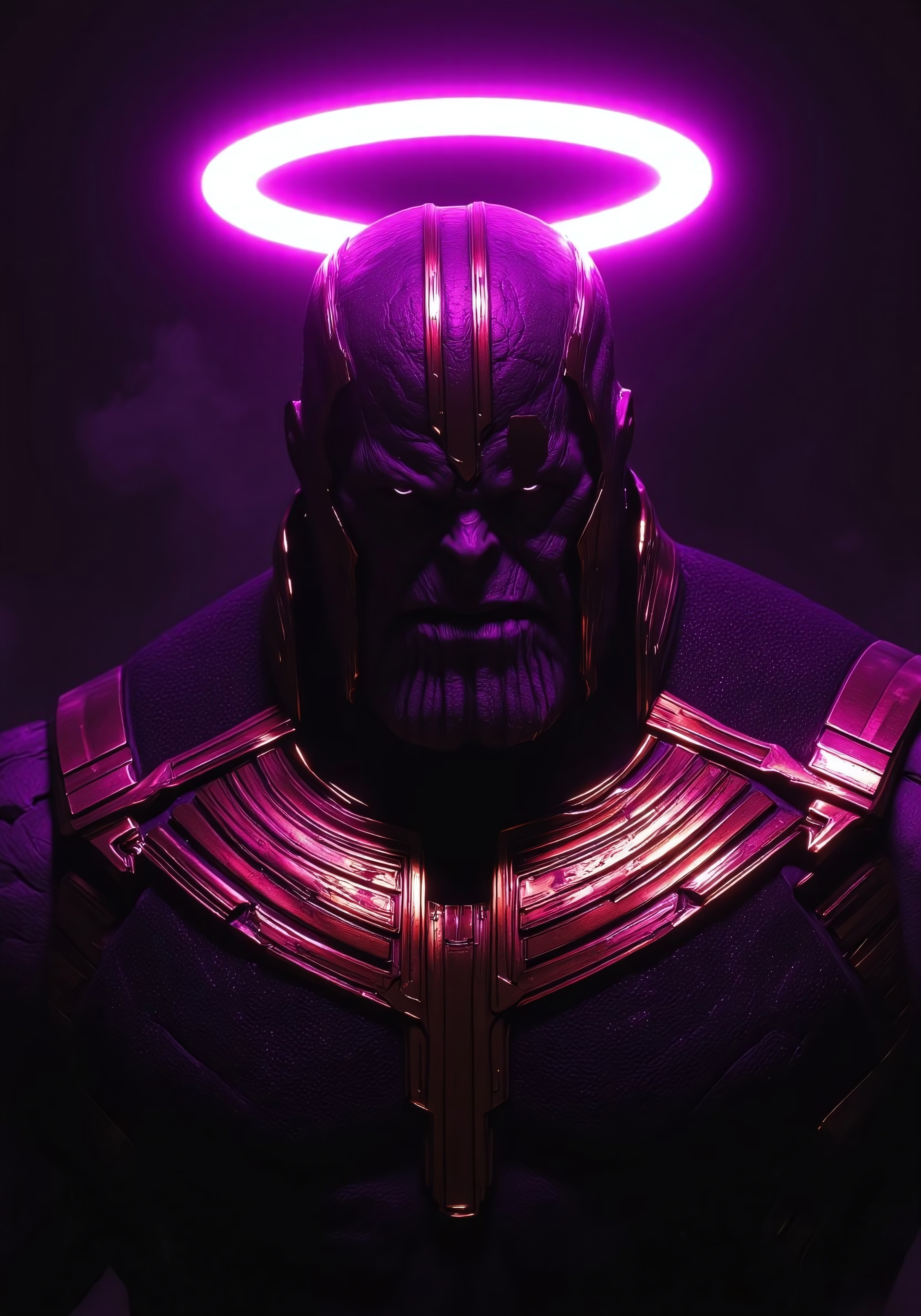 Dark, Thanos,  with a severe expression,  wearing dark purple/black,  armored outfit with intricate details.  Detailed, textured,  metal-like armor,  deep purple tones,  highlighting muscular form.  Massive,  chiseled jawline and prominent,  wrinkled skin. A halo-like,  glowing,  neon-pink ring surrounds the head,  casting dramatic light and shadow.  Dark background with a deep purple/gray gradient.  A feeling of power and  darkness emanates from the figure.  The pose is a three-quarter view, emphasizing the chest and upper body.  Composition centers on the character.  High contrast lighting and intense shadows add to the dramatic feel.  The lighting is dramatic, using a halo effect around the character's head.  The style is reminiscent of comic book art and digital art, with a focus on anatomical precision and  high-detail rendering.  The overall mood is intense, powerful, and sinister.