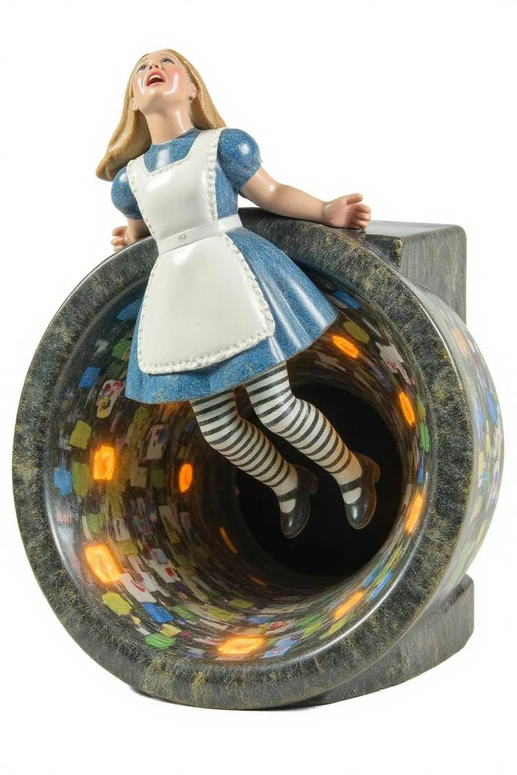 sculpture of
Alice in Wonderland falling into the rabbit hole, with her legs dangling beneath her. She is looking upward, her face filled with shock and terror as she screams. Her blue dress and white apron billow out around her as she tumbles, while her striped stockings and black shoes are visible below. The rabbit hole is a swirling, chaotic mix of vibrant colors, playing cards, teacups, and other Wonderland objects floating around her. Soft glowing light emanates from the tunnel walls, adding an eerie, fantastical feel to the scene. The sense of motion and fear is palpable as Alice falls deeper into the unknown. The background is stark white. <lora:inuit_cap_d6a3e12:1.0><lora:821729876546668788:0>