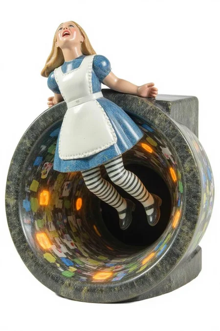 sculpture of
Alice in Wonderland falling into the rabbit hole, with her legs dangling beneath her. She is looking upward, her face filled with shock and terror as she screams. Her blue dress and white apron billow out around her as she tumbles, while her striped stockings and black shoes are visible below. The rabbit hole is a swirling, chaotic mix of vibrant colors, playing cards, teacups, and other Wonderland objects floating around her. Soft glowing light emanates from the tunnel walls, adding an eerie, fantastical feel to the scene. The sense of motion and fear is palpable as Alice falls deeper into the unknown. The background is stark white. <lora:inuit_cap_d6a3e12:1.0><lora:821729876546668788:0>